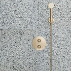 Forest Green Terrazzo Concrete Tile Shower with Brass Hardware