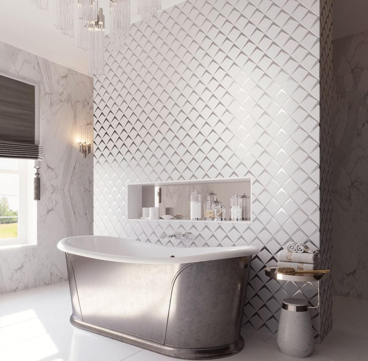 Luxury Bathroom Design with White Frost Diamond Glass Mosaic Tile Wall TIles