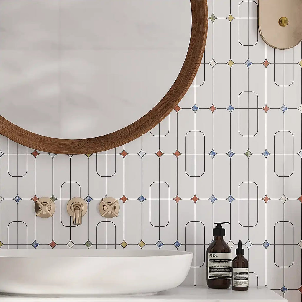 Futuristic White and Multicolor Stars Marble Mosaic Tile | Tile Club