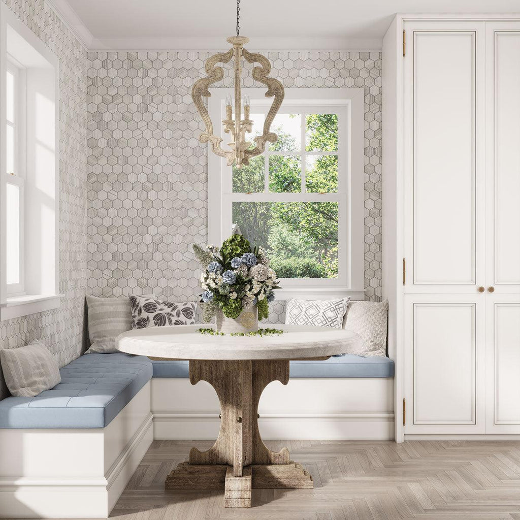 Blue and white breakfast nook with wood look hexagon wall tiles