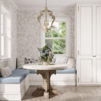 Blue and white breakfast nook with wood look hexagon wall tiles