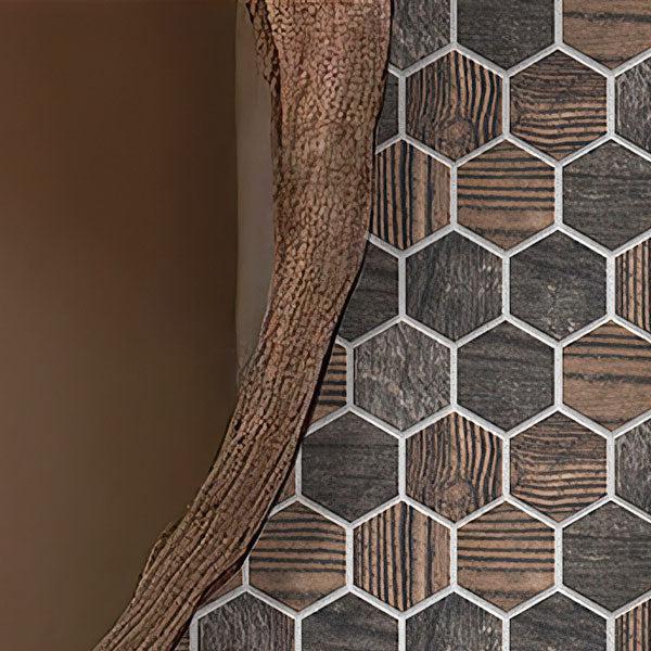 Wood Framed Mirror on Gems Hex Fume Tile Wall