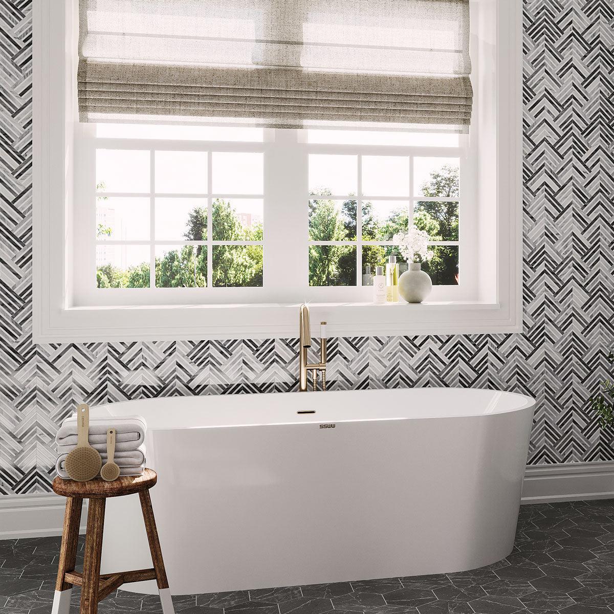 Geo Arrow Calacatta Bluette Marble Mosaic Tile bathtub surround