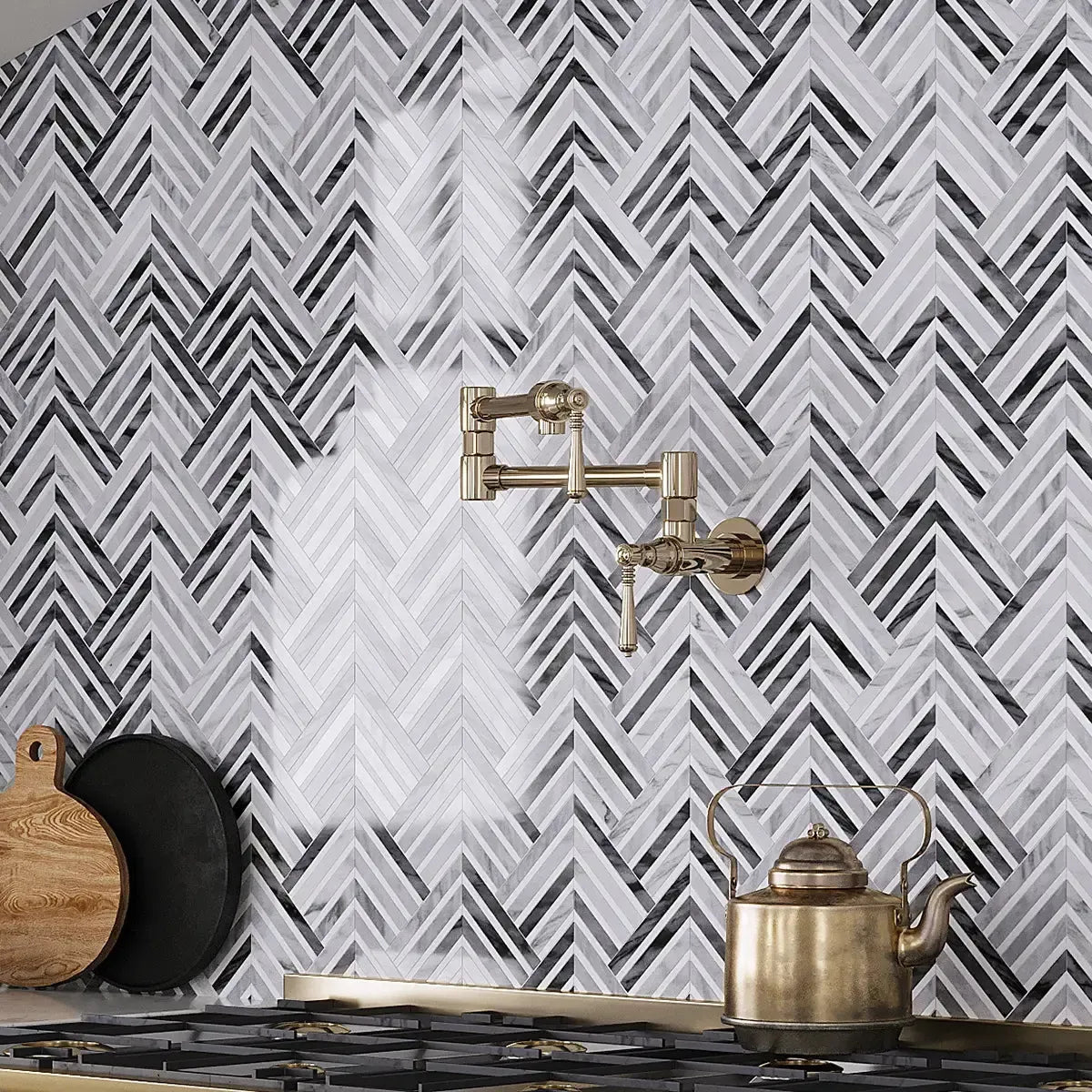 Geo Arrow Calacatta Bluette Marble Mosaic Tile Backsplash