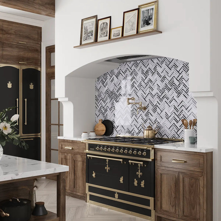 Geo Arrow Calacatta Bluette Marble Mosaic Tile | Tile Club