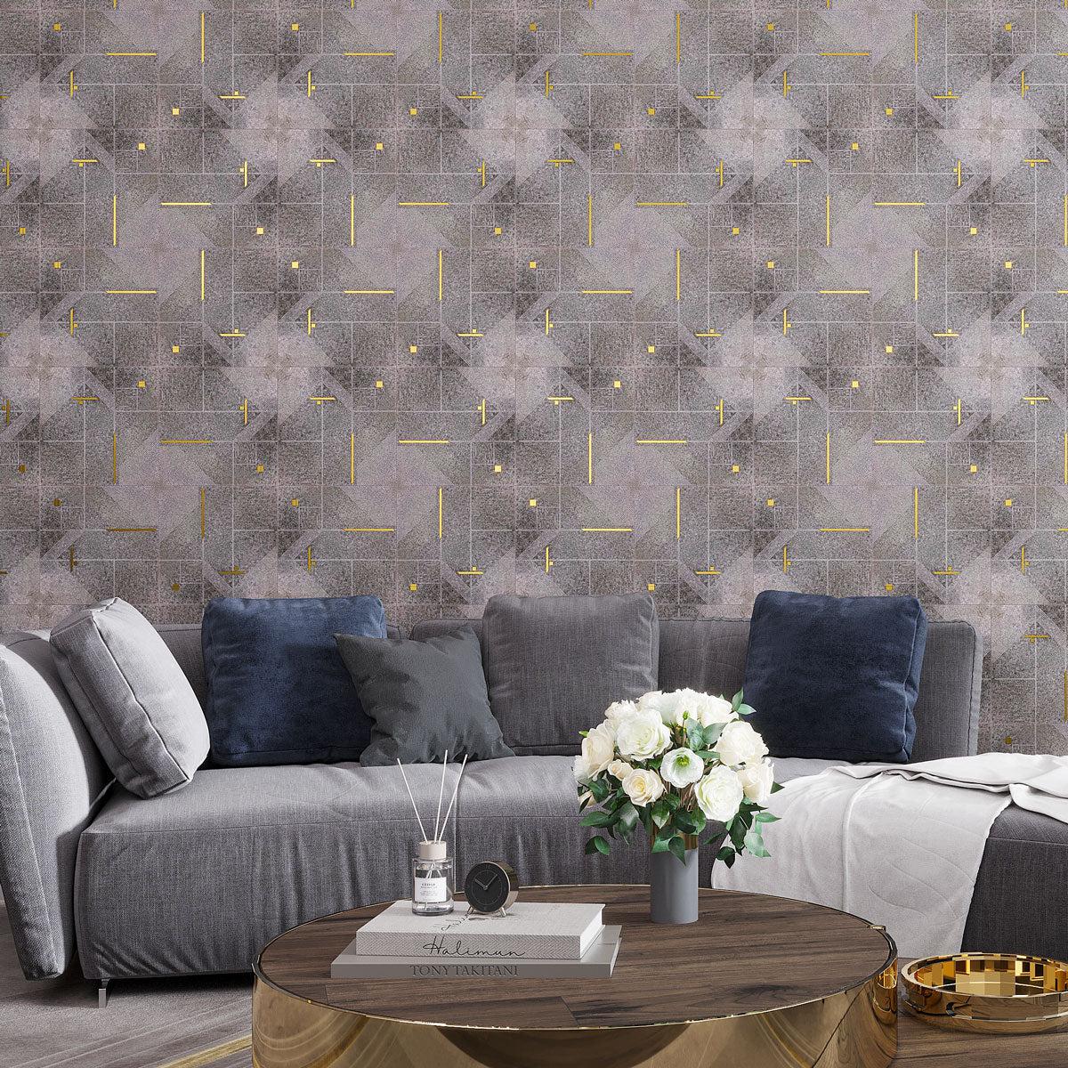 Geo Deco Gray Marble and Brass Inlay Tile Accent Wall