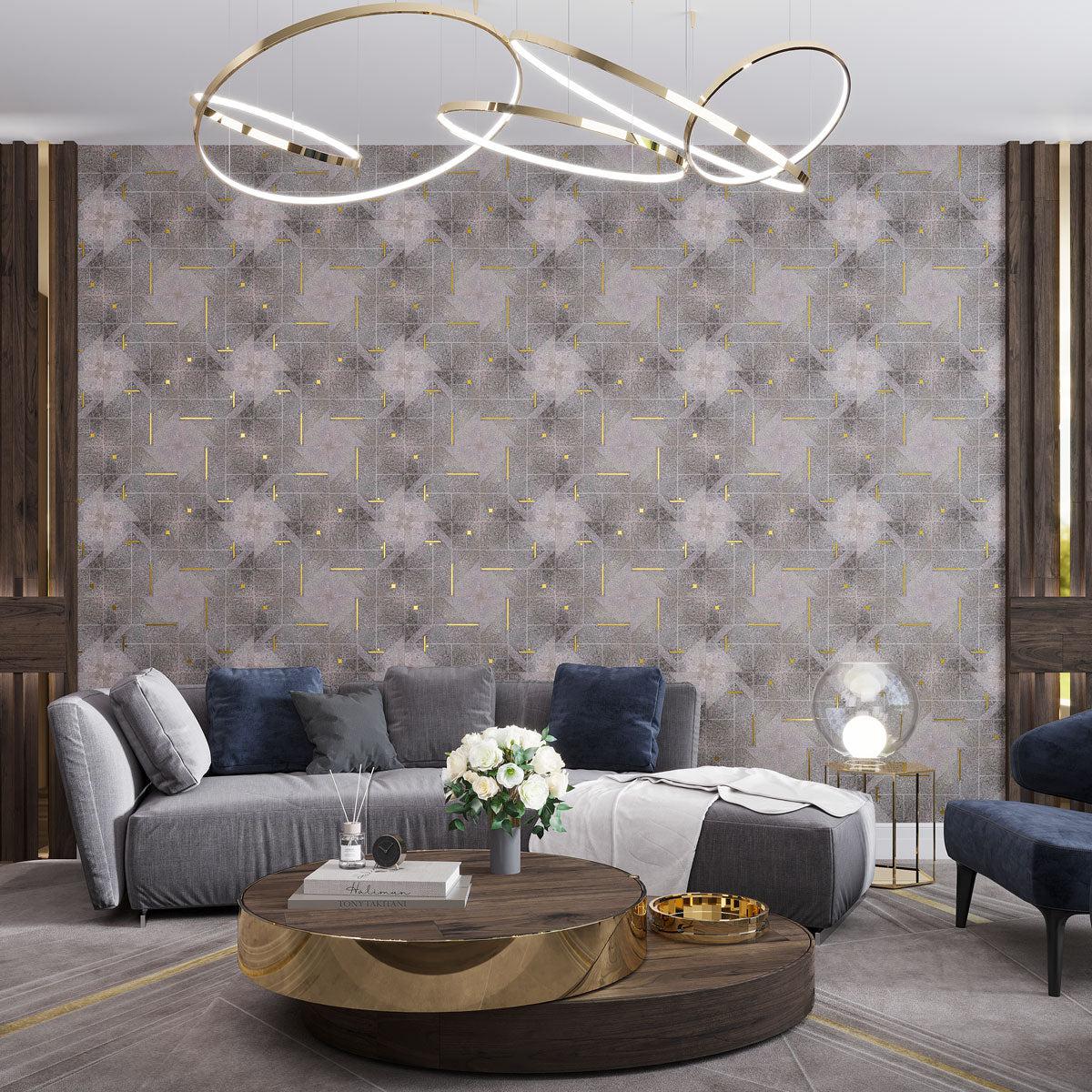 Modern blue and gray living room accent wall with Geo Deco Gray Marble and Brass Inlay Tile