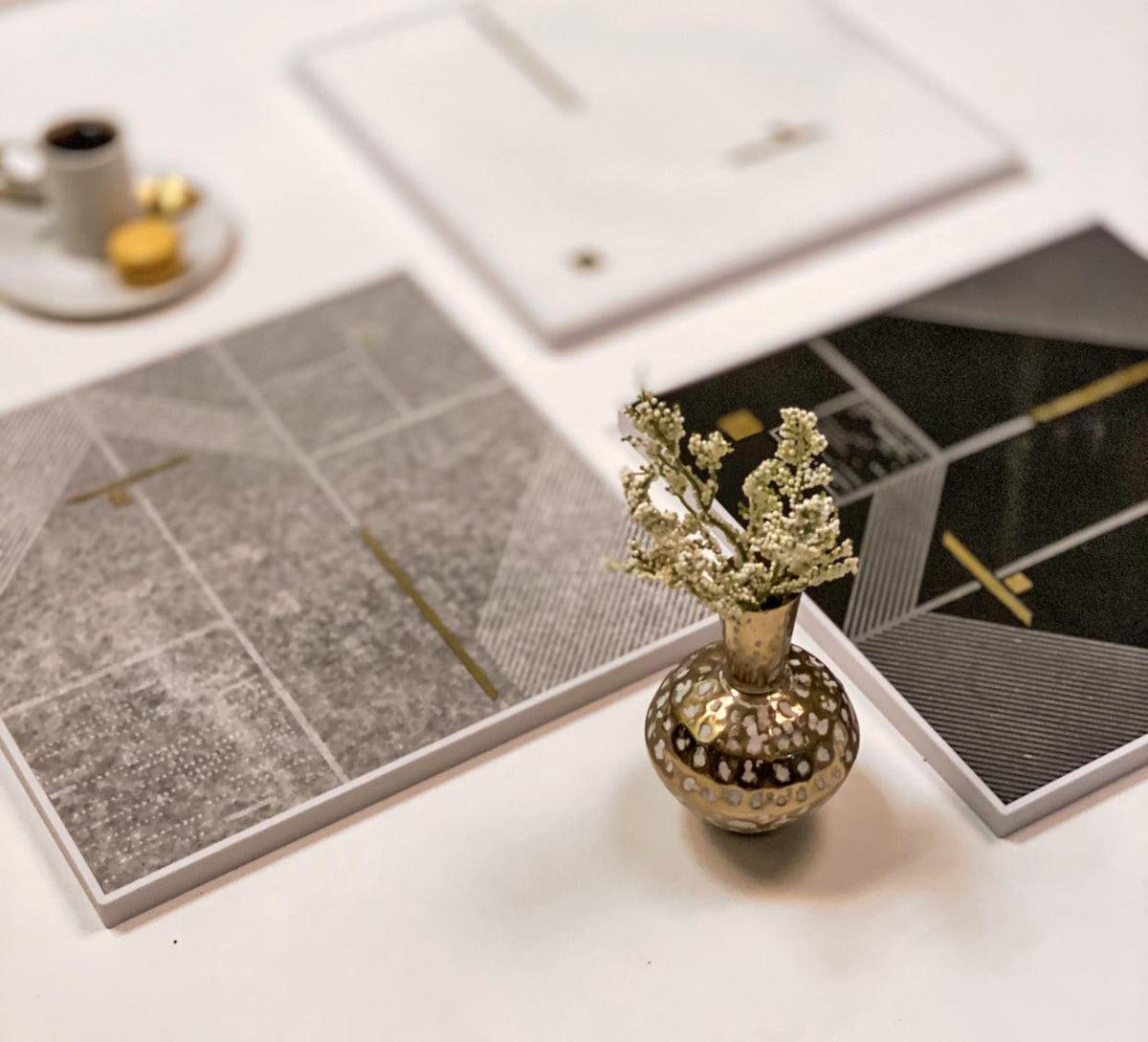 Geo Deco Gray Marble and Brass Inlay Tile | Tile Club