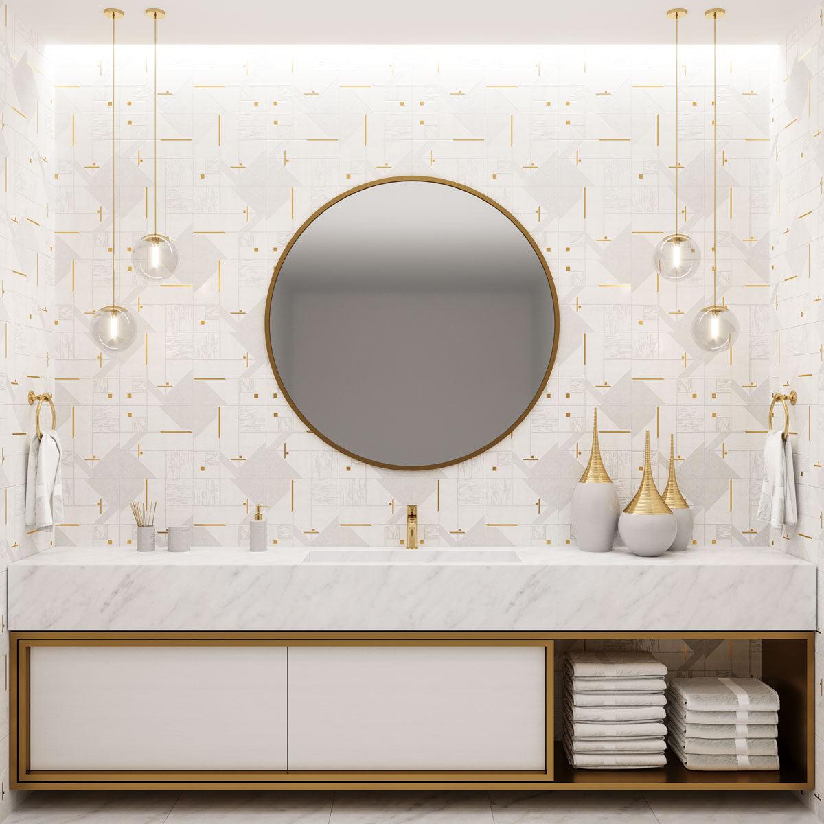 Geo Deco White Marble and Brass Inlay Tile