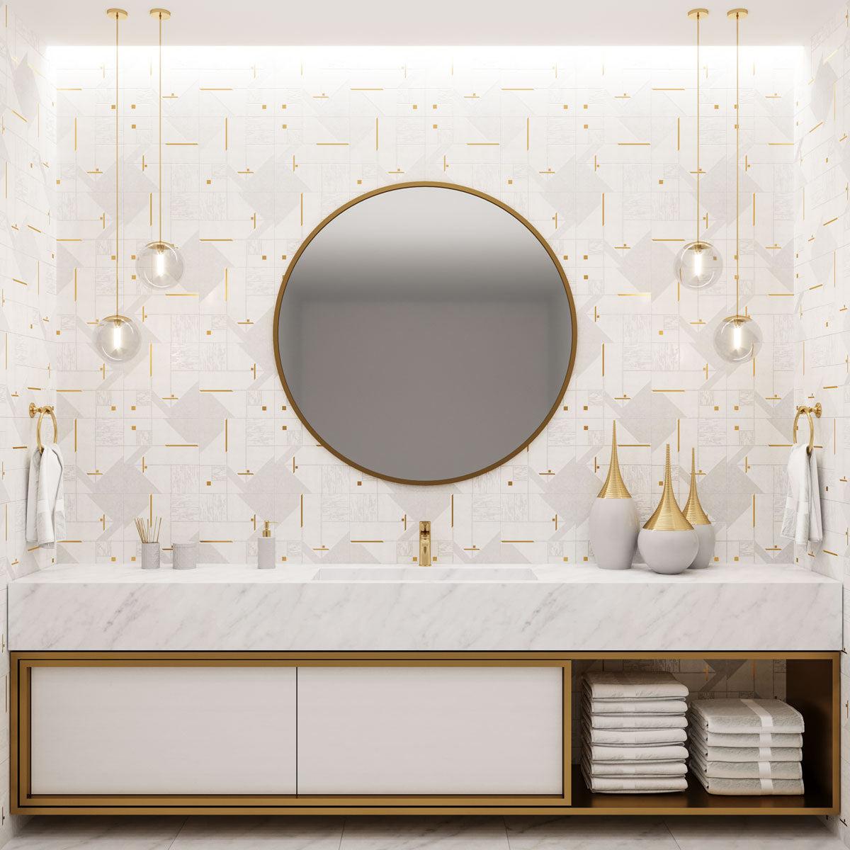 Geo Deco White Marble and Brass Inlay Tile | Tile Club