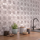 Geometric hexagon wood look marble mosaic tile backsplash