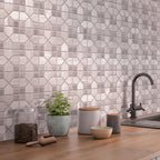 Geometric hexagon wood look marble mosaic tile backsplash