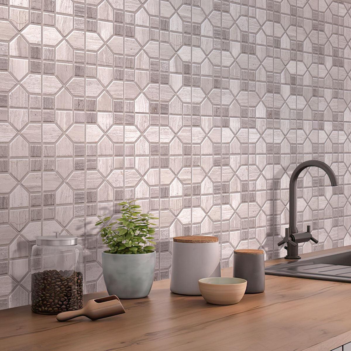 Geometric hexagon wood look marble mosaic tile backsplash