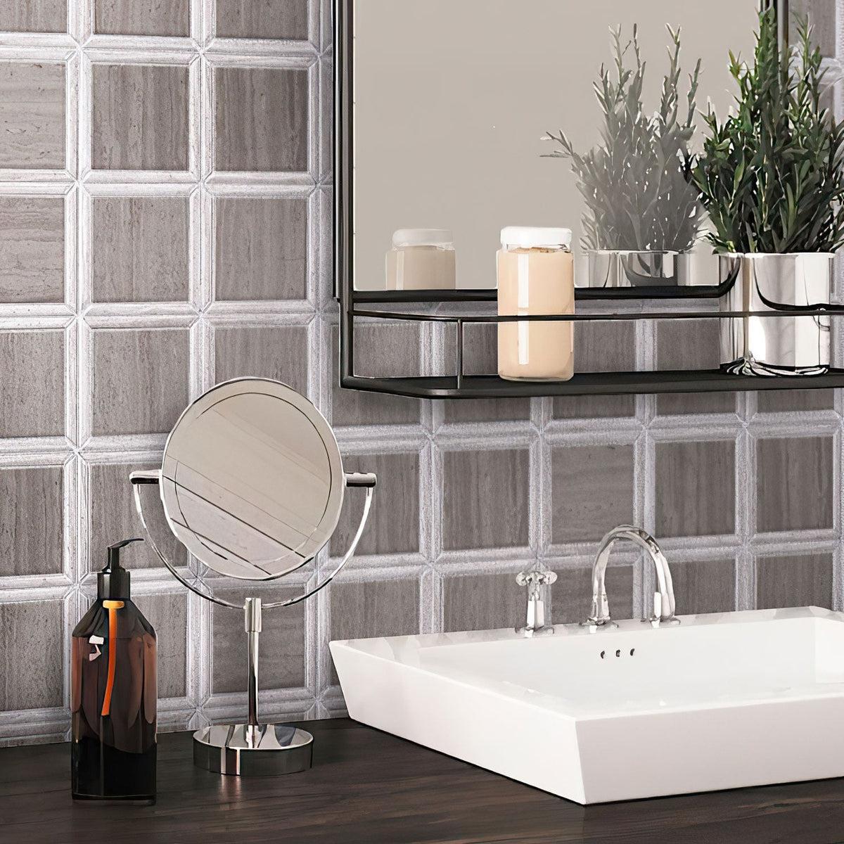 Wash Basin on background of Geo Square Wooden Beige Marble Mosaic Tile Wall