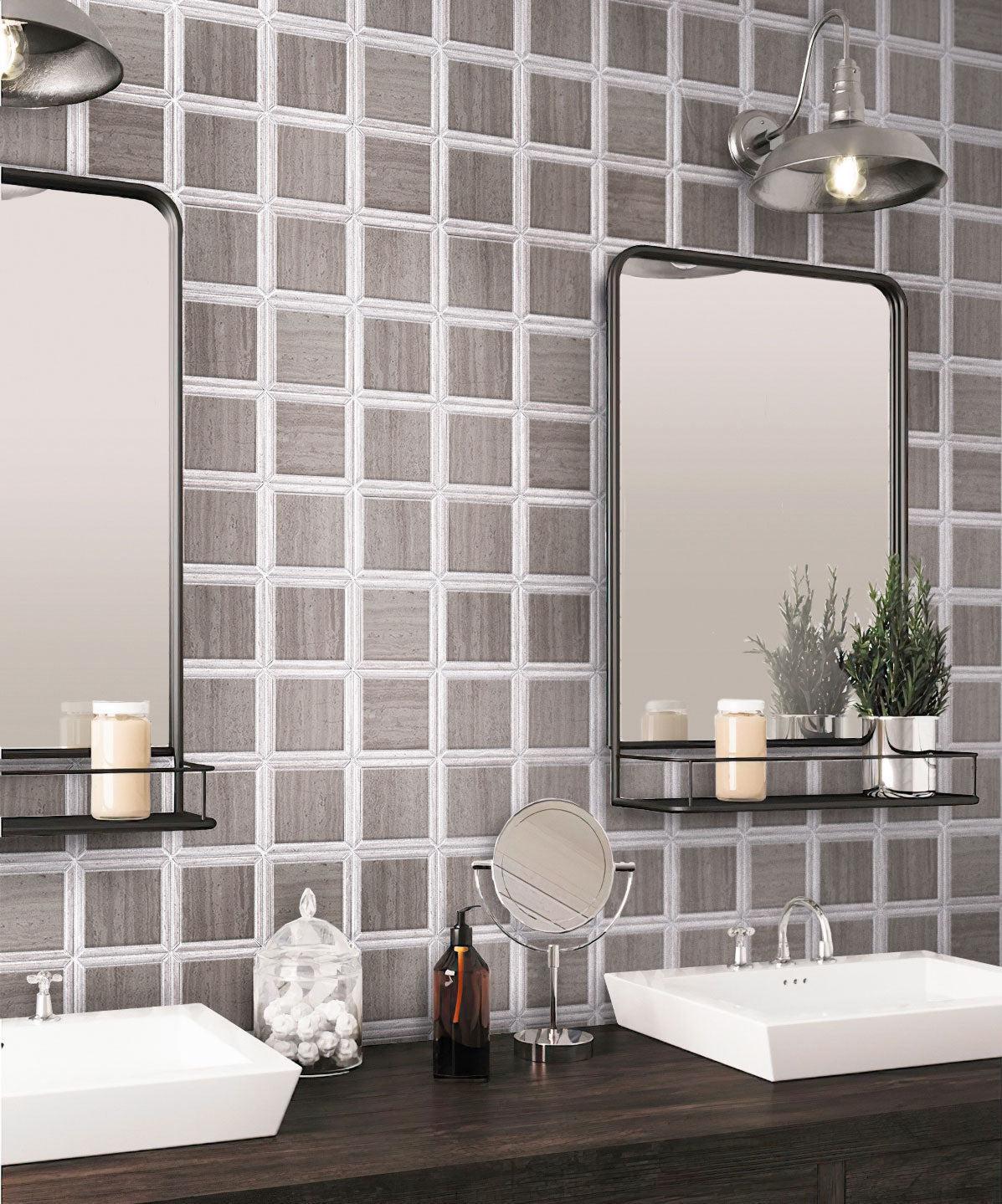 Geo Square Wooden Beige Marble Mosaic Tile Bathroom Backsplash