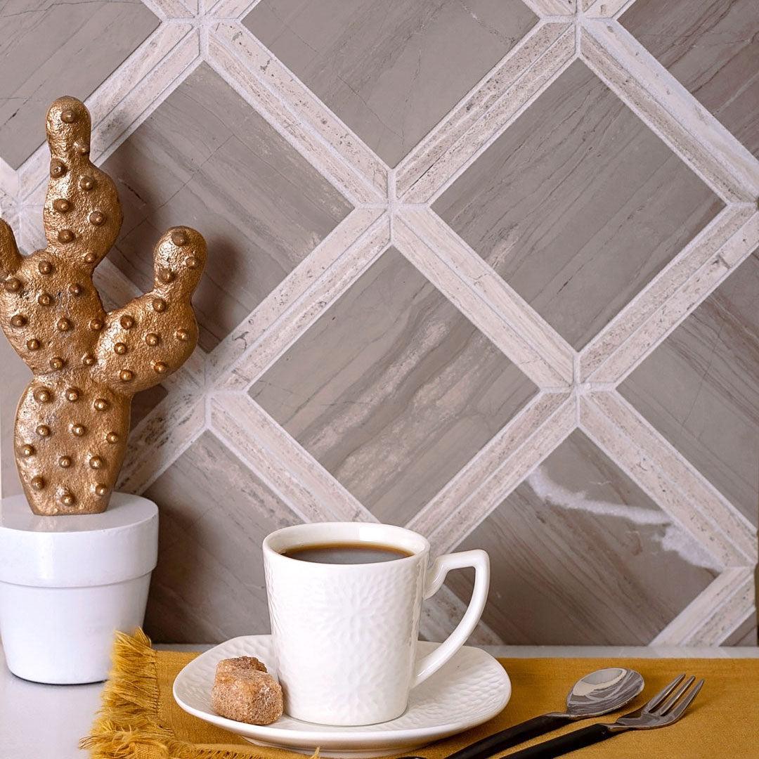 Mid-Century Modern Kitchen Backsplash with Neutral Geometric Marble Tile