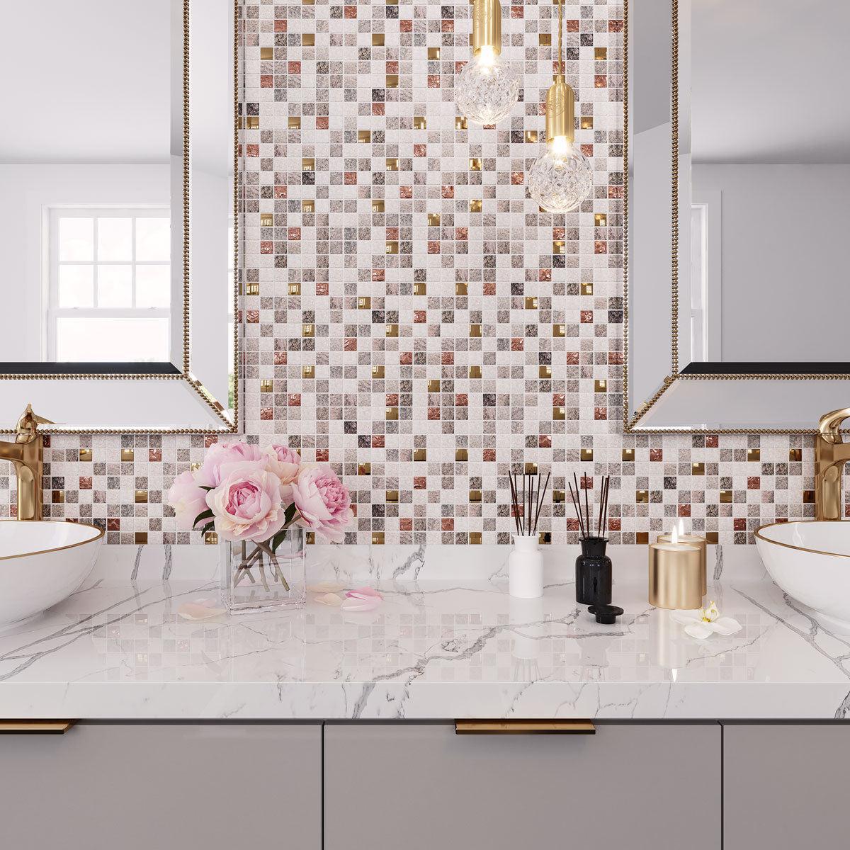 Geological Copper Mosaic Tile Bathroom backsplash with white marble and metallic fixtures