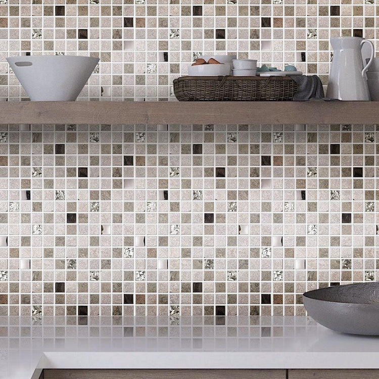 Geological Silver Mosaic Tile backsplash wall with open shelves