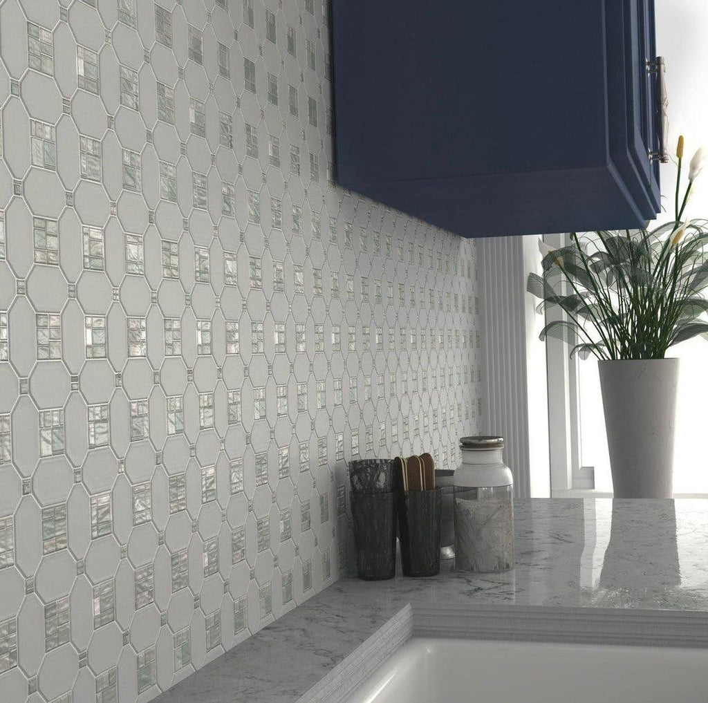 Geometric Pearl White Thassos Shell Tile Backsplash Close Up