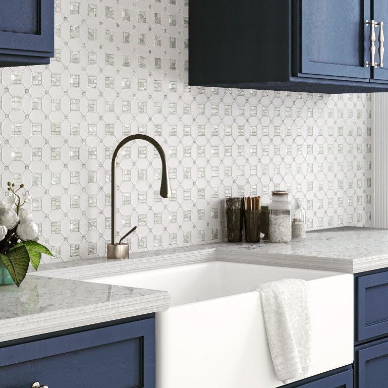 White Farmhouse Kitchen with Blue Cabinet Paint and Marble Tile Backsplash