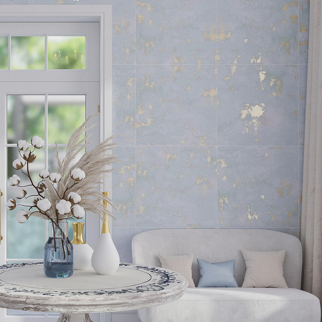 Gilded Age Blue and Gold paint-look tiles for a glamorous entryway wall