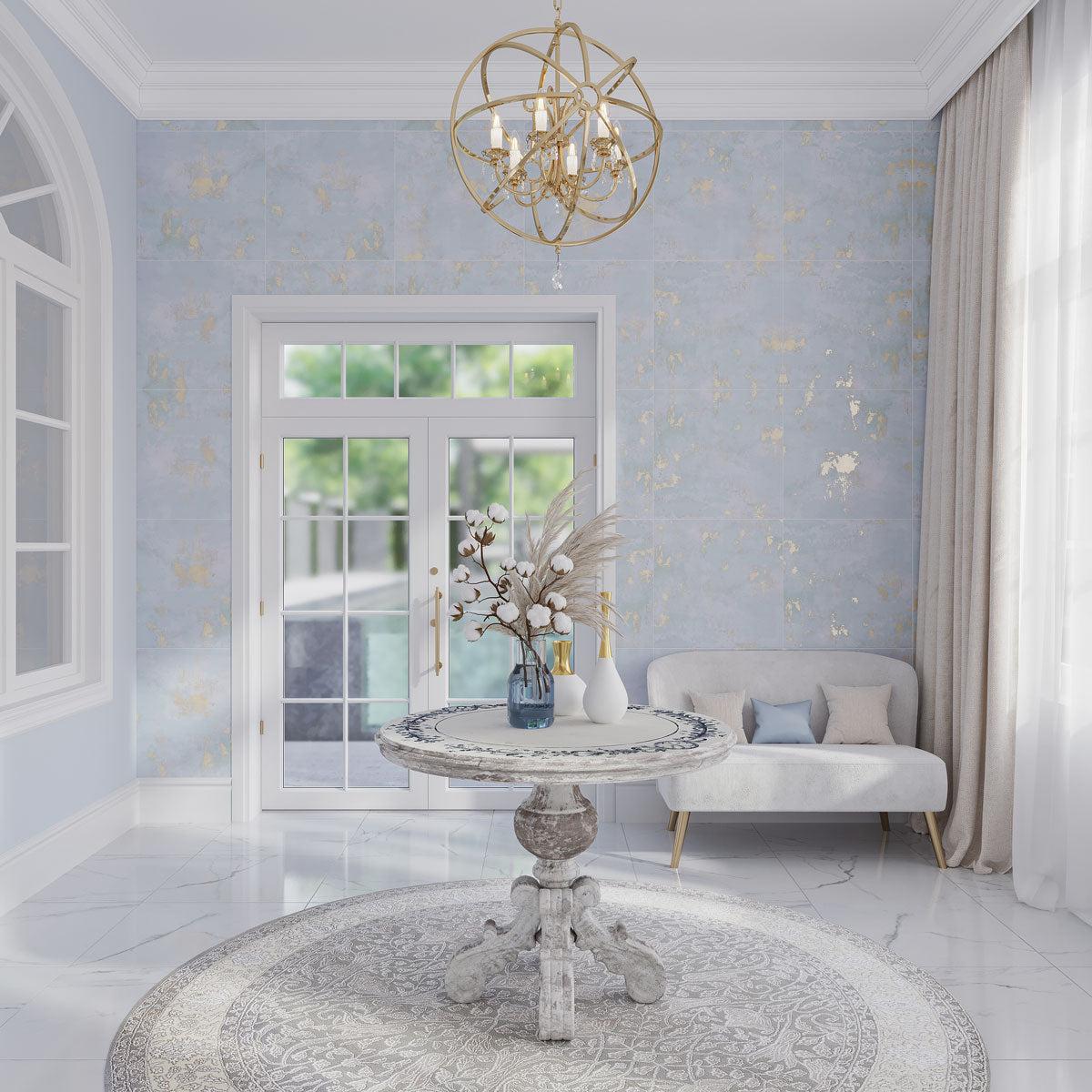 Glam home entry with blue and gold porcelain tiles