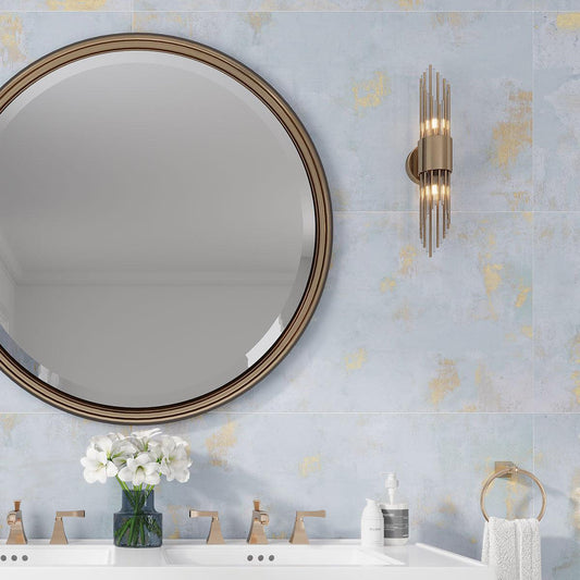 Gilded Age Blue Natural Porcelain Tile Bathroom Backsplash with Gold Brushstrokes
