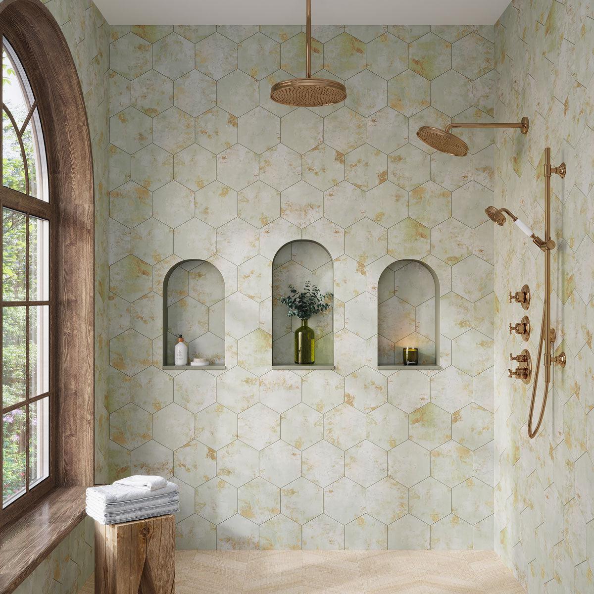 Open concept spa shower with Gilded Age Green Hexagon tiles