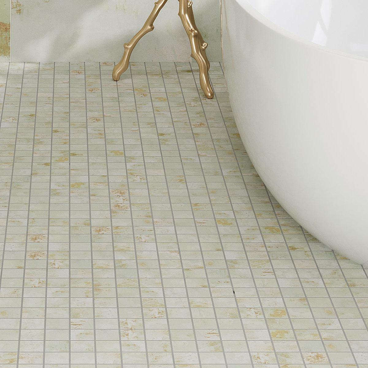 Gilded Age Green Natural Mosaic Tile Open Concept Shower FLoor
