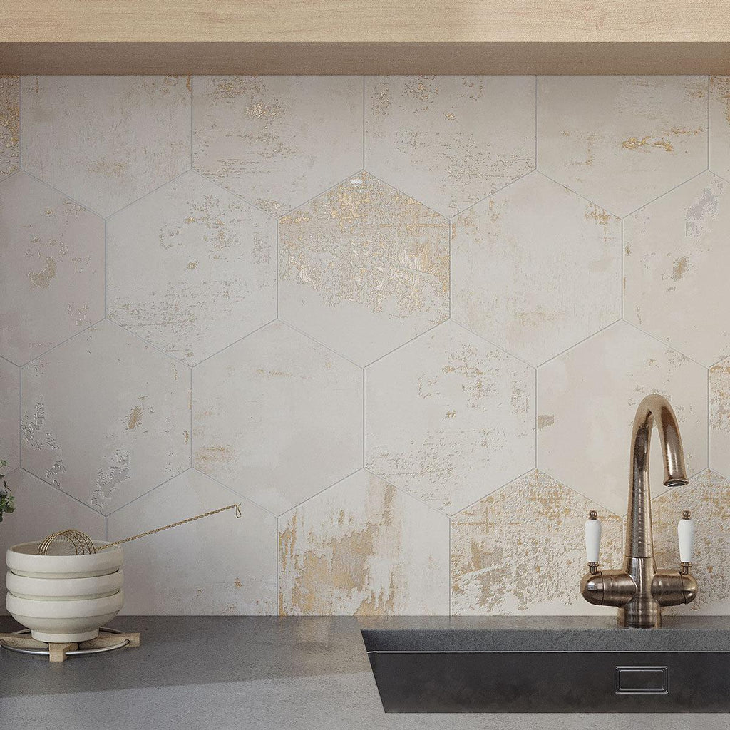 Gilded Age Ivory Hexagon brushstroke porcelain tiles
