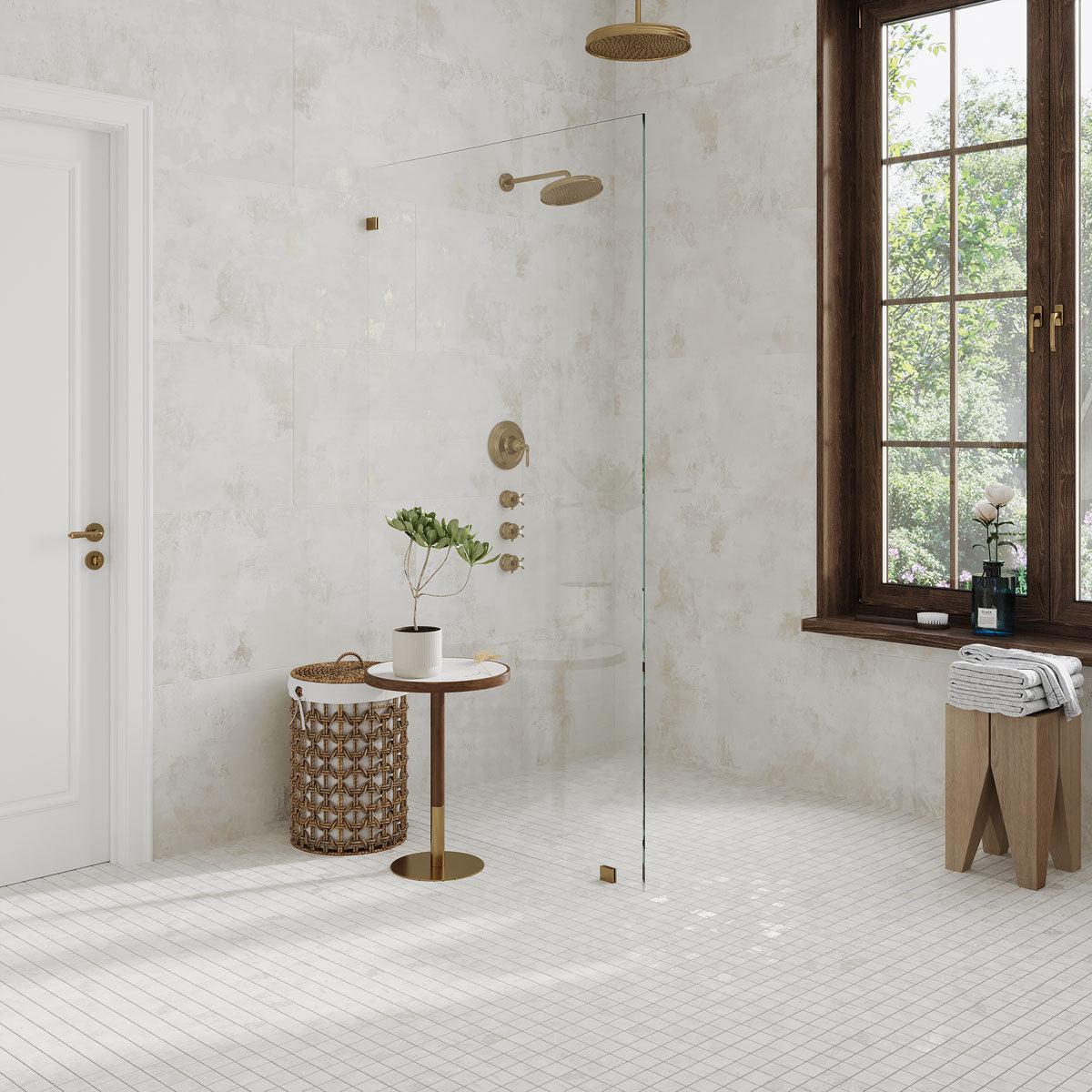 Elegant White Curbless Shower with Gilded Age White Porcelain Tiles and Mosaic Shower Floor