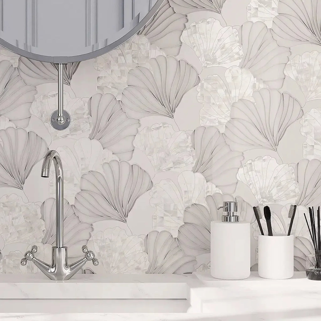 Gingko Leaf Marble, Shell and Glass Mosaic Tile