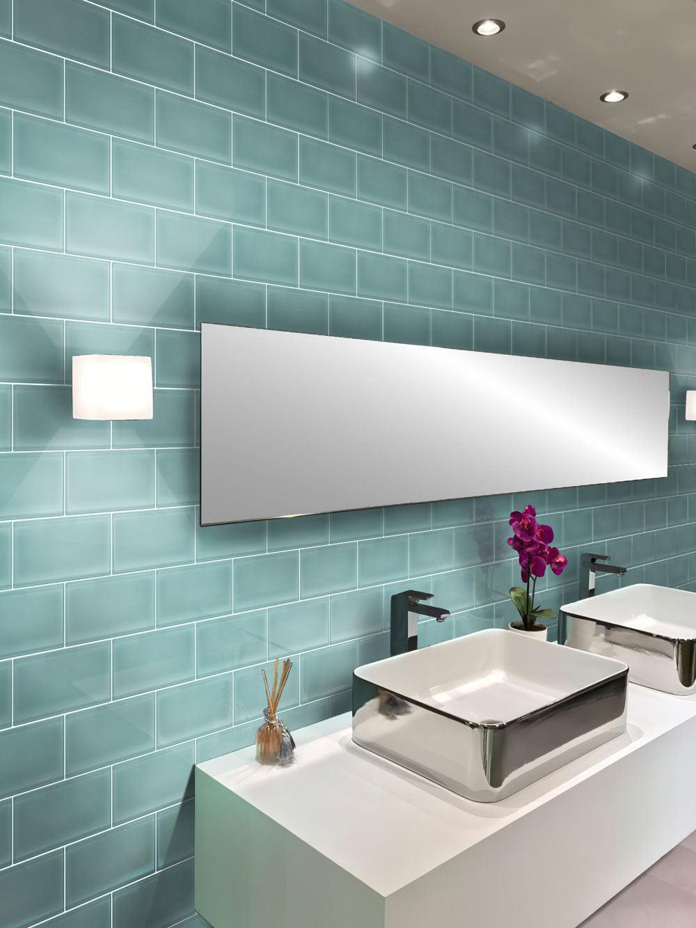 Glacier Aqua Frosted Glass Subway Tile Bathroom