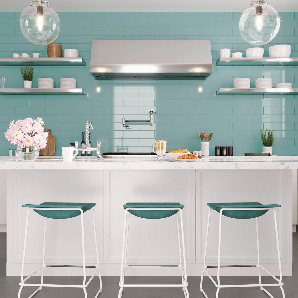 Aqua Glass Subway Tile Backsplash for a White Kitchen with Chrome Accents