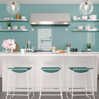 Aqua Glass Subway Tile Backsplash for a White Kitchen with Chrome Accents