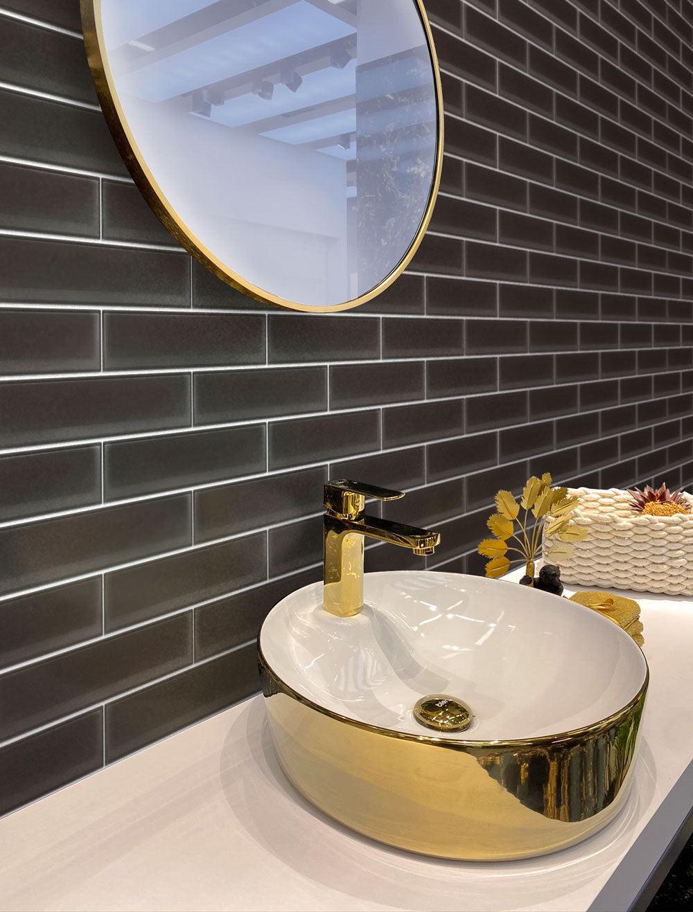 Glacier Ash Gray Frosted Glass Subway Tile Bathroom