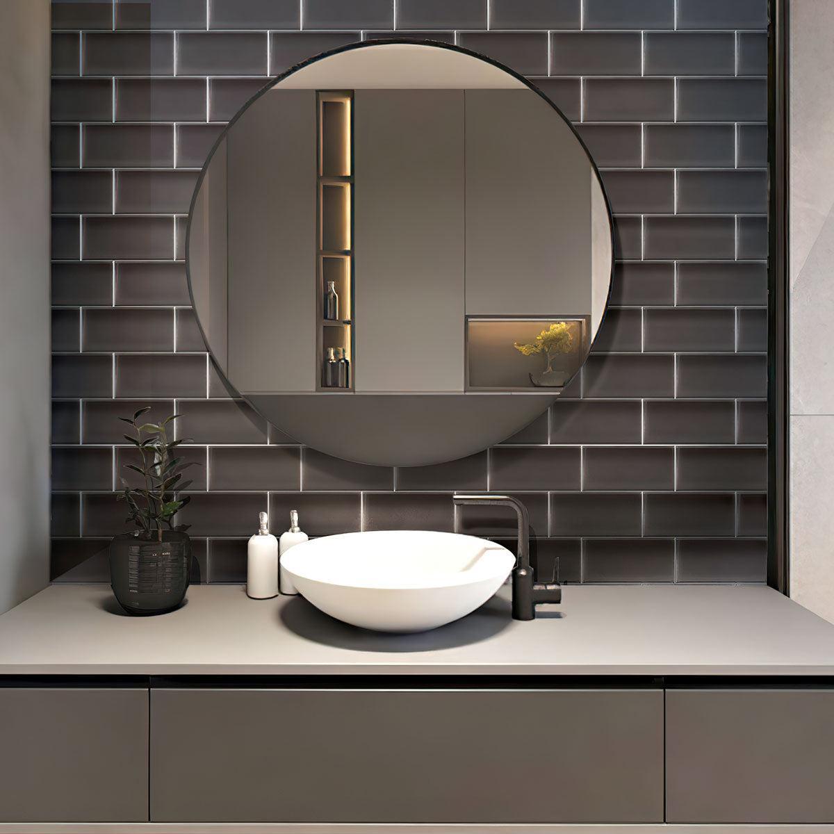 Bathroom with Glacier Ash Gray 3X6" Polished Glass Tile backsplash