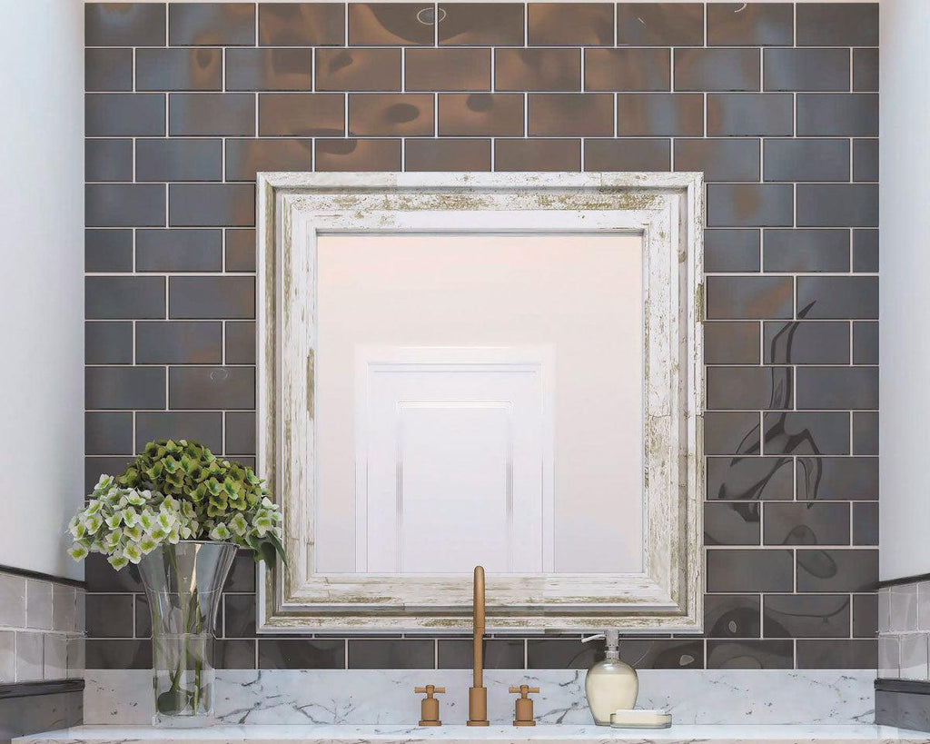 Dark Gray Glass Subway Tile Bathroom Wall