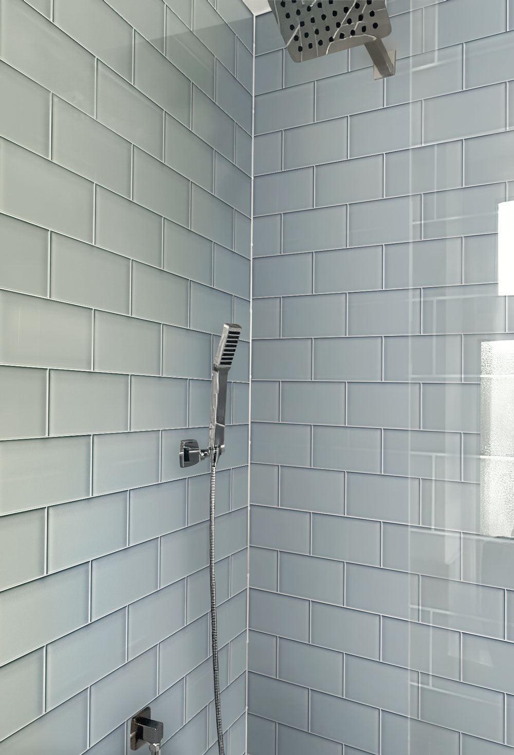 Glacier Aura Gray 3X6 Polished Glass Tile Shower Walls