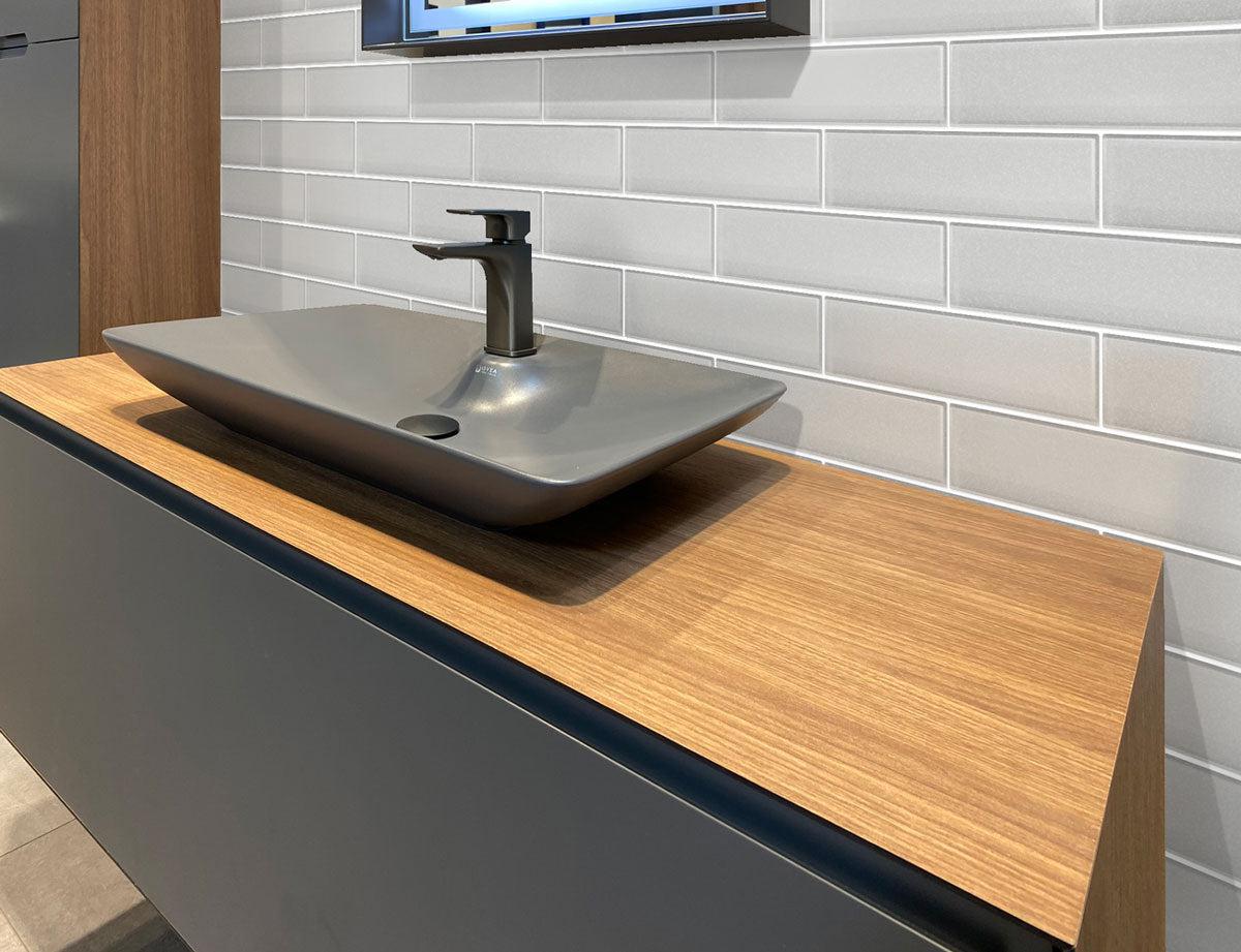 Modern Minimalist Bathroom with Matte Glass Subway Tiles