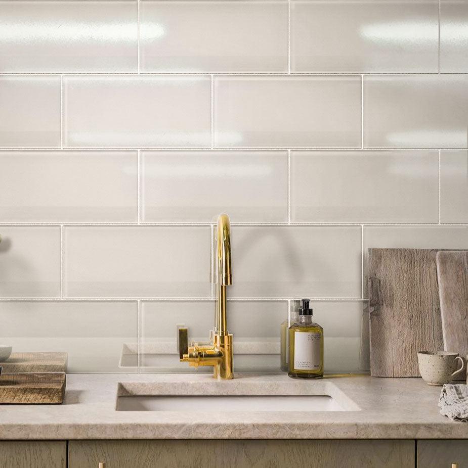 Glacier Beach 8X16 Polished Glass Subway Tile Kitchen Wall