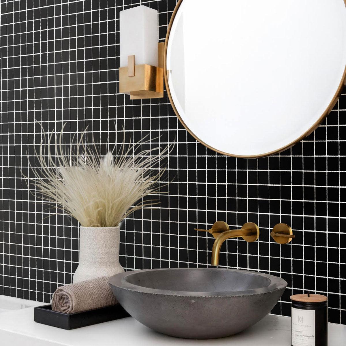 The Glacier Black Frosted Glass Tile creates a bold and dramatic aesthetic