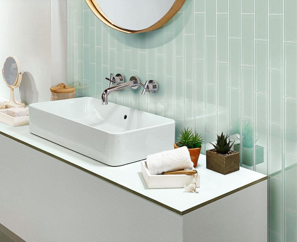 Glacier Breeze Polished Subway Tile Bathroom Backsplash