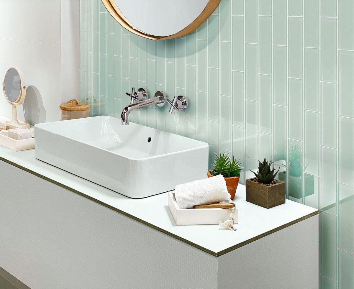 Glacier Breeze Polished Subway Tile Bathroom Backsplash