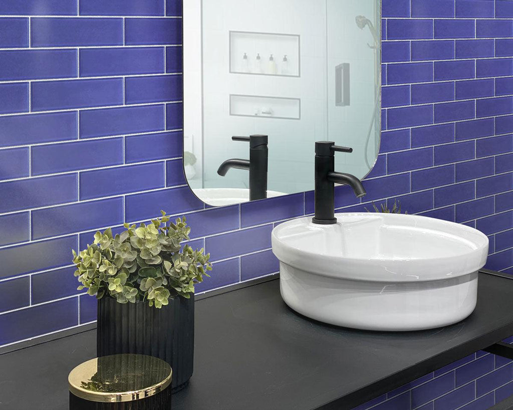 Matte Cobalt Blue Glass Subway Tile Bathroom Backsplash
