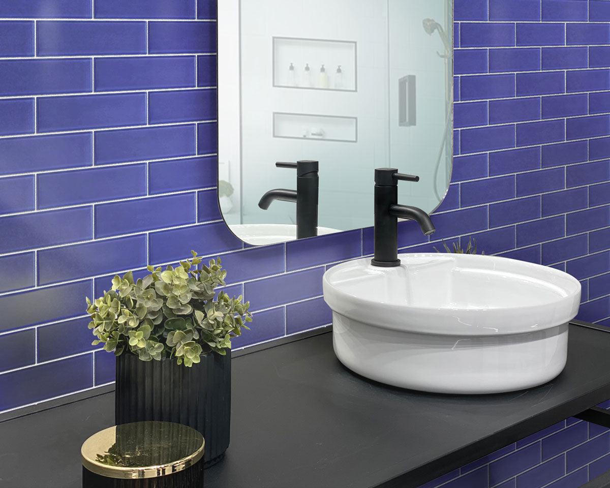 Matte Cobalt Blue Glass Subway Tile Bathroom Backsplash