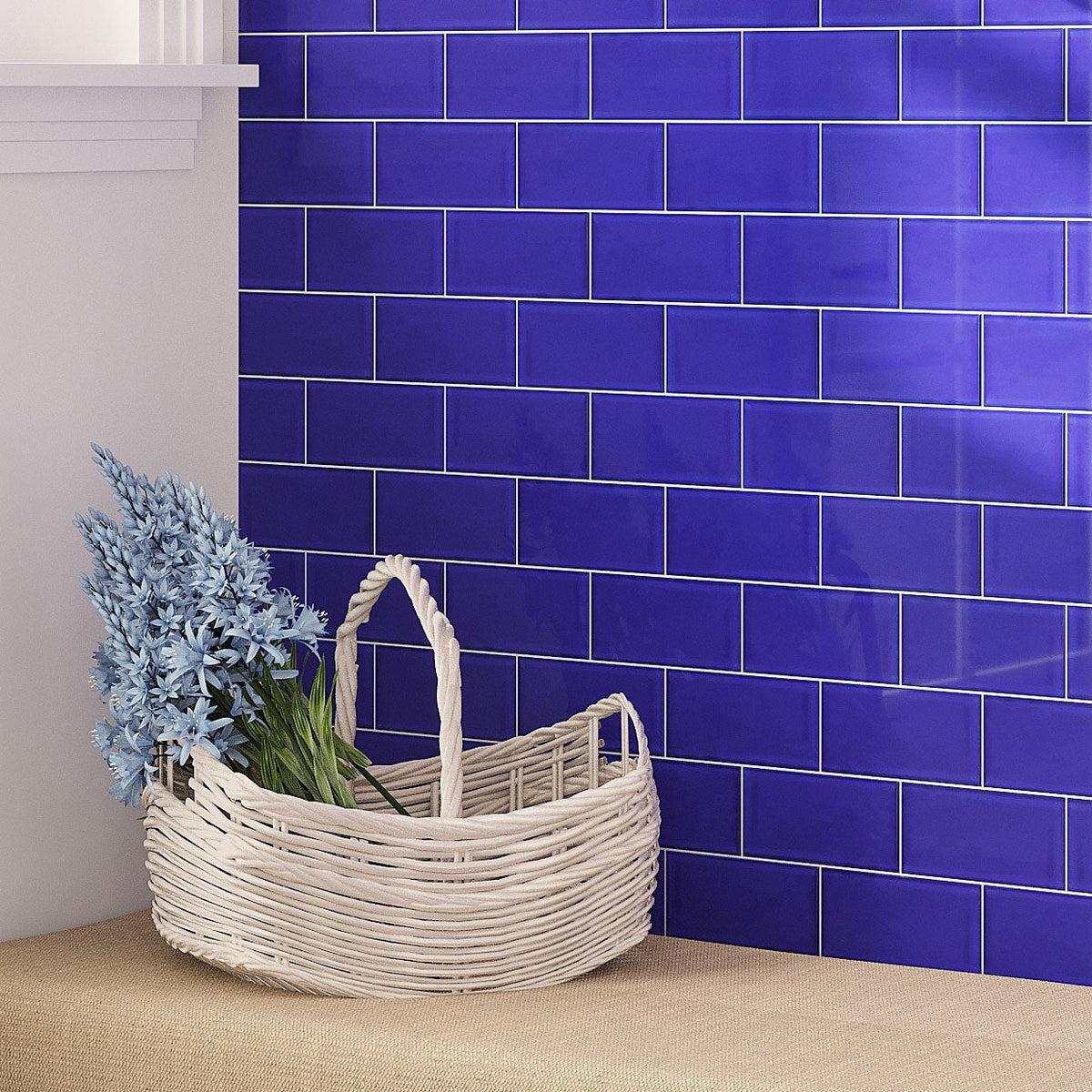 Wicker Basketon on Background of Glacier Cobalt Blue Glass Subway Tile