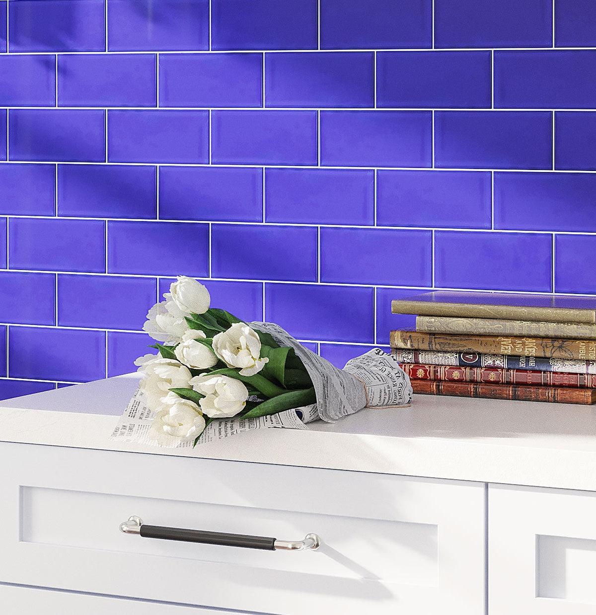 Glacier Cobalt Blue Glass Subway Tile Wall in Sunlight