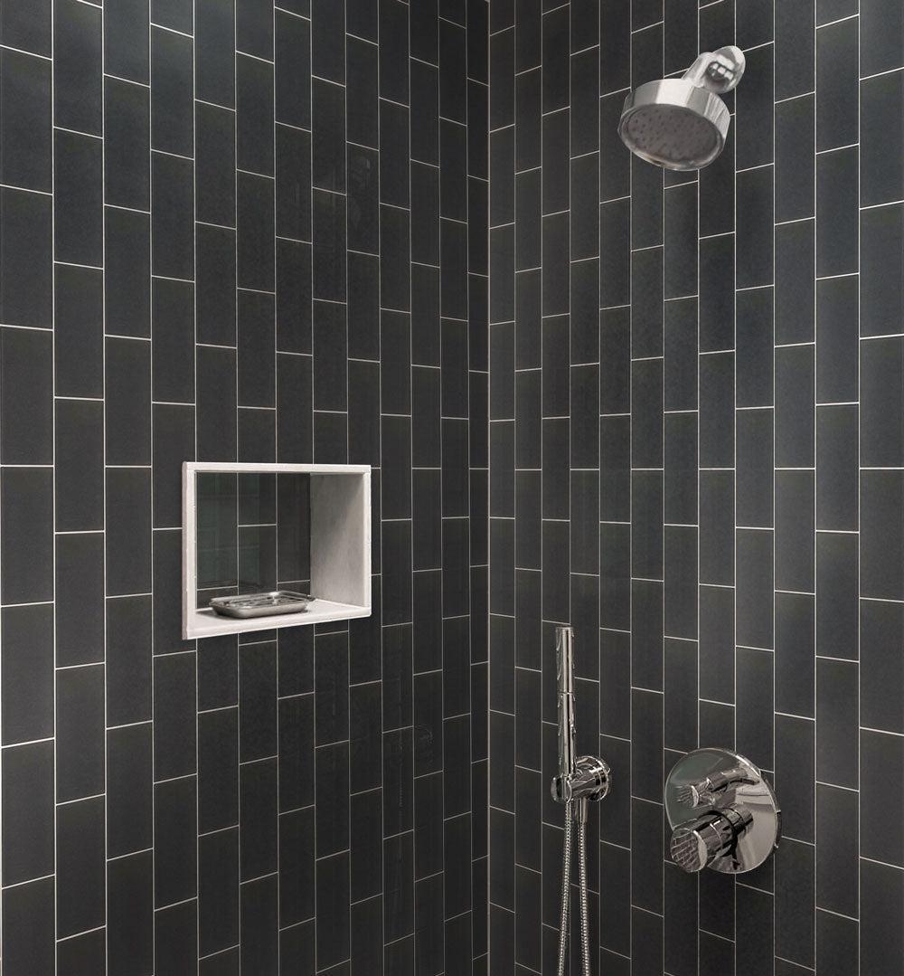 Glacier Dark Gray Frosted Glass Subway Tile Shower Wall and Niche