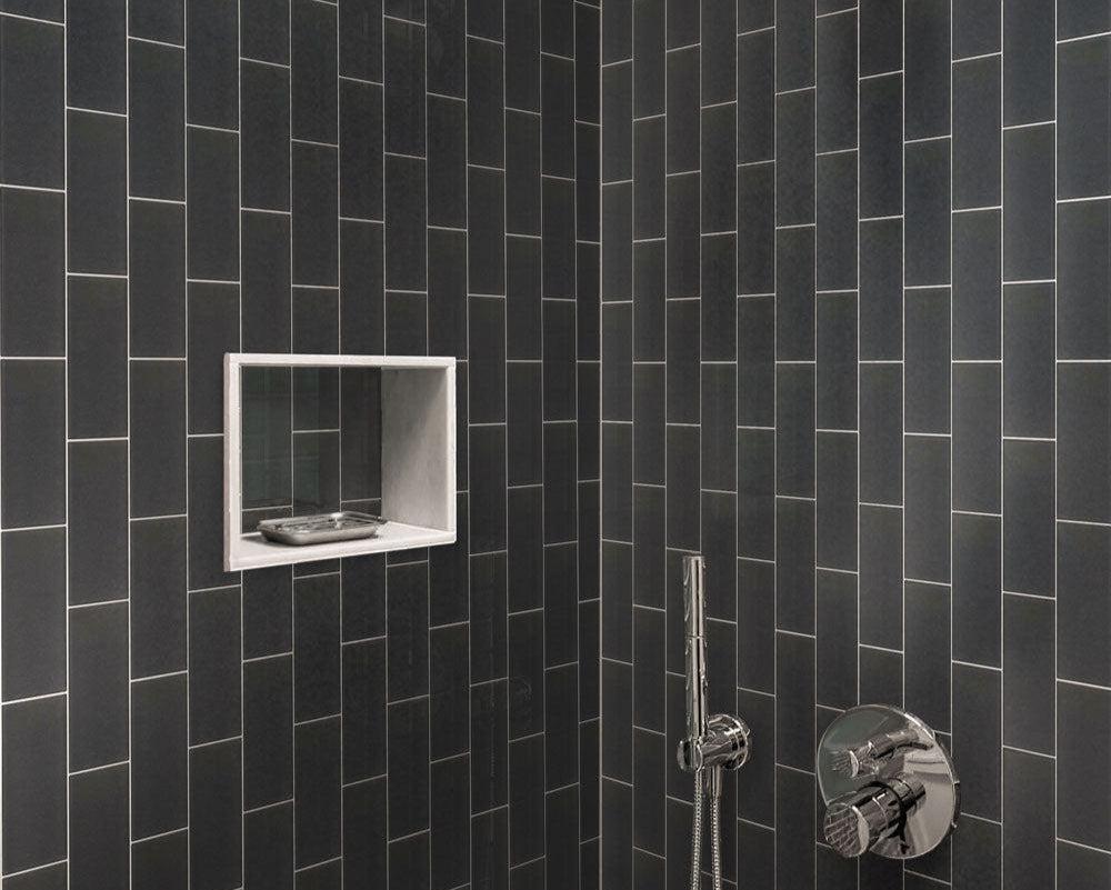 Glacier Dark Gray Frosted Glass Subway Tile Shower Wall and Niche